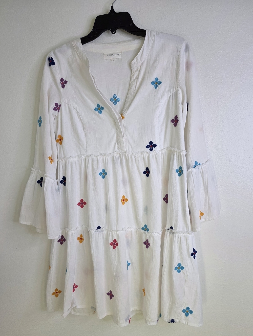 ​Aspiga Cristina White Organic Cotton Dress Blue Floral Embroidered Boho Small